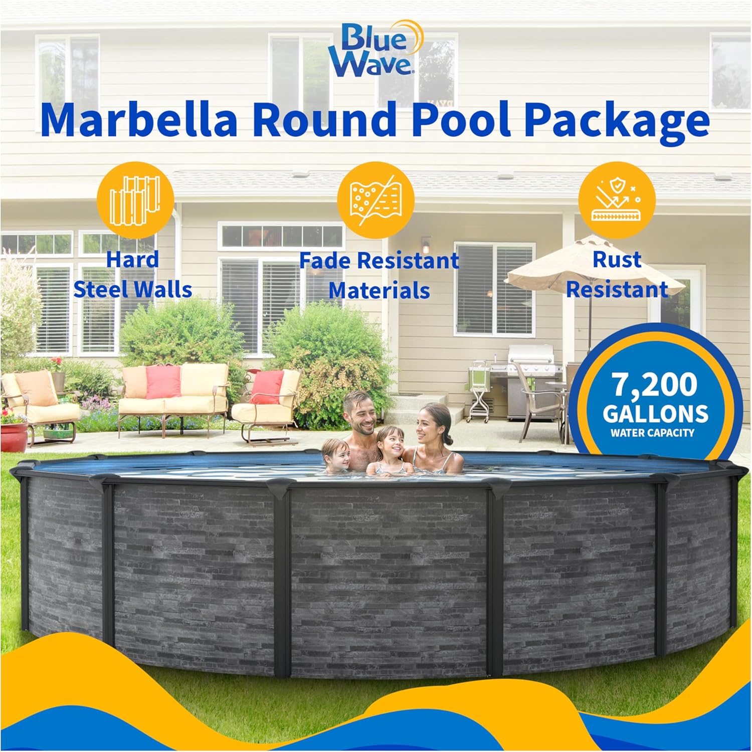 Blue Wave Marbella 18-ft Round 52-in Deep Above Ground Swimming Pool – with Steel Wall & Top Rails, Sand Filter, Overlap Liner, A-Frame Ladder & Maintenance Kit – Complete Outdoor Pool Accessories