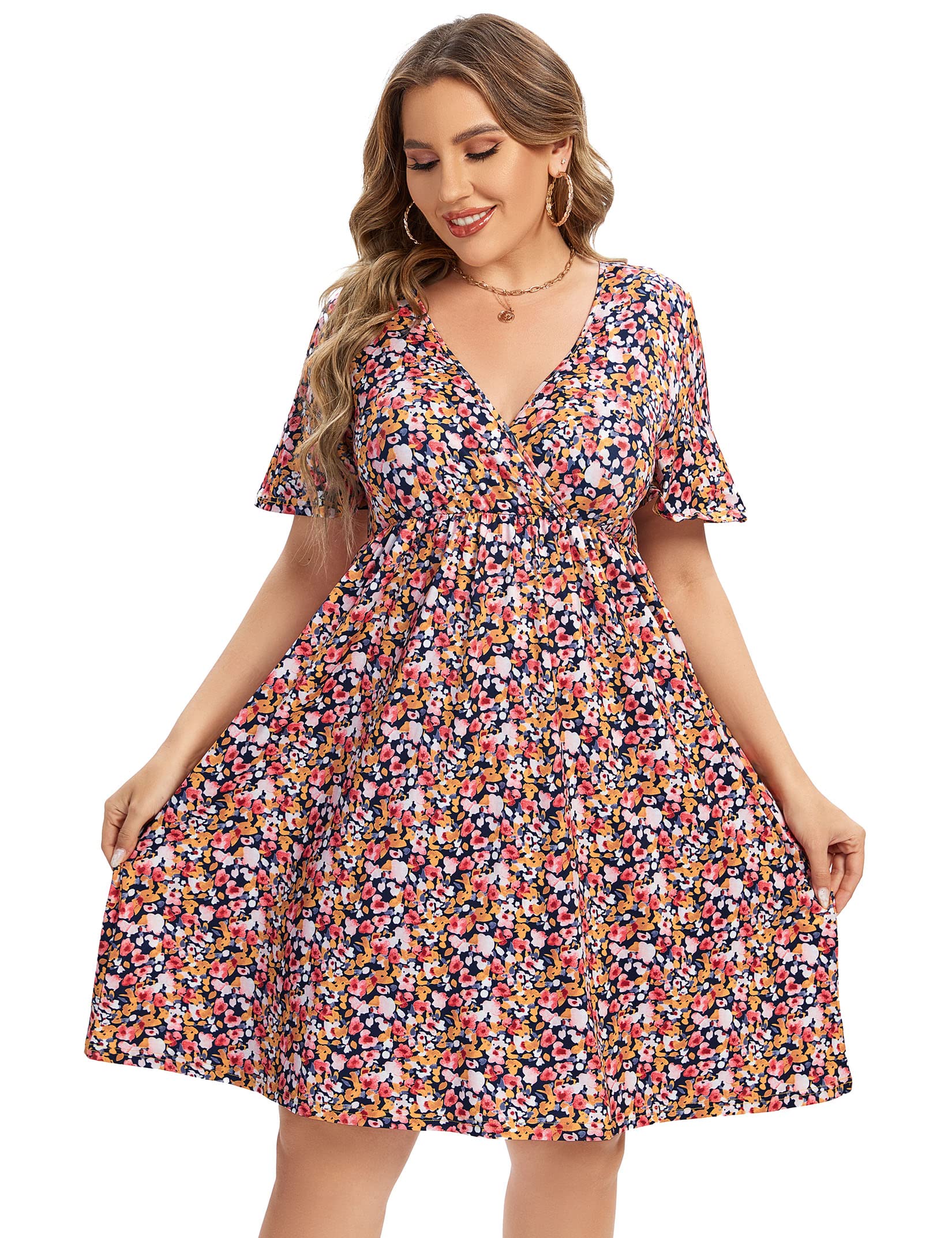 Plus Size Casual Dress Women's V Neck A-Line Knee Length Wrap Dress Swing Dresses Plus Size A Line Party Mini Dress redf XX-Large