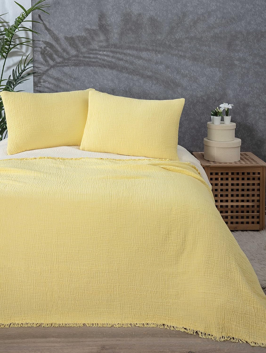 DEKADRON 100% Cotton Muslin Throw Blanket, 4 Layers Bedspread, Soft Turkish Cotton Muslin Bed Cover, Reversible Coverlet, Yellow (Two Pillowcase 20x30)