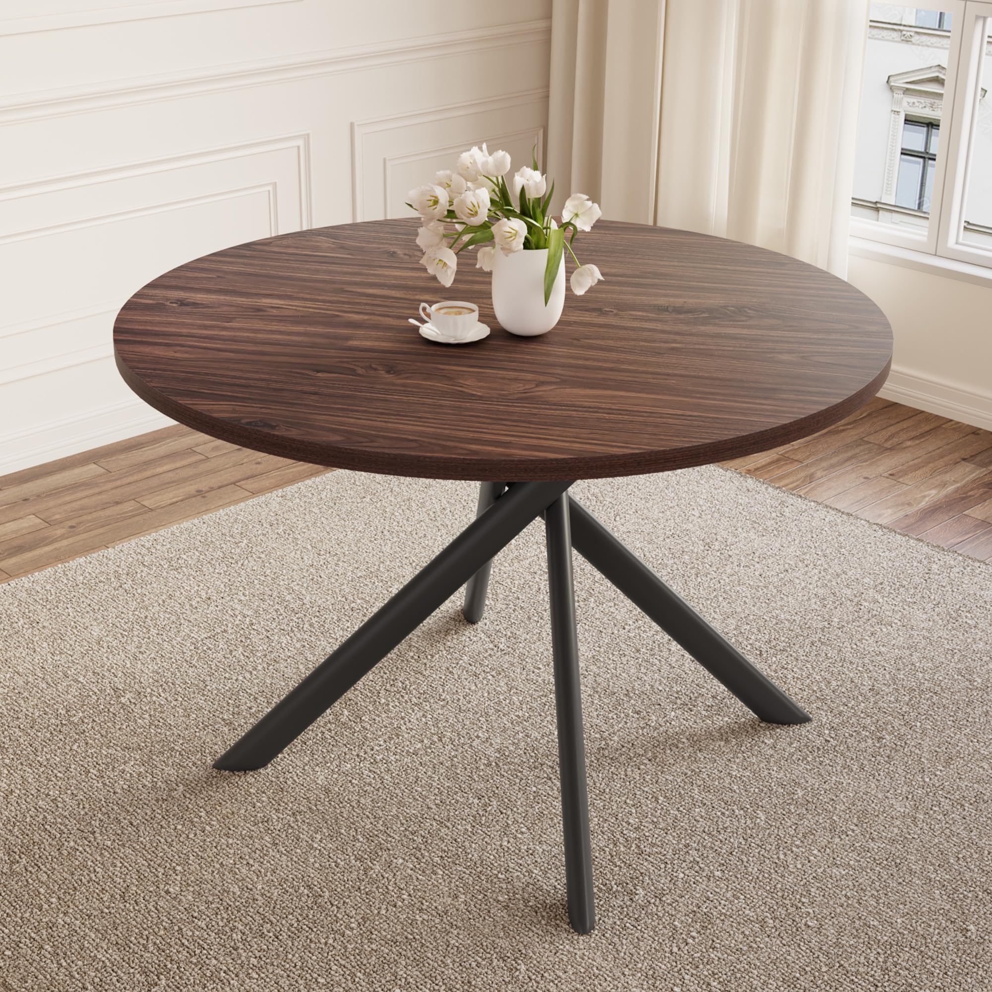 similar)))45.3 Inch Modern Round Dining Table for 4, Space-Saving Dinette with Carbon Steel Legs for Home Kitchen Apartment(Walnut Table)