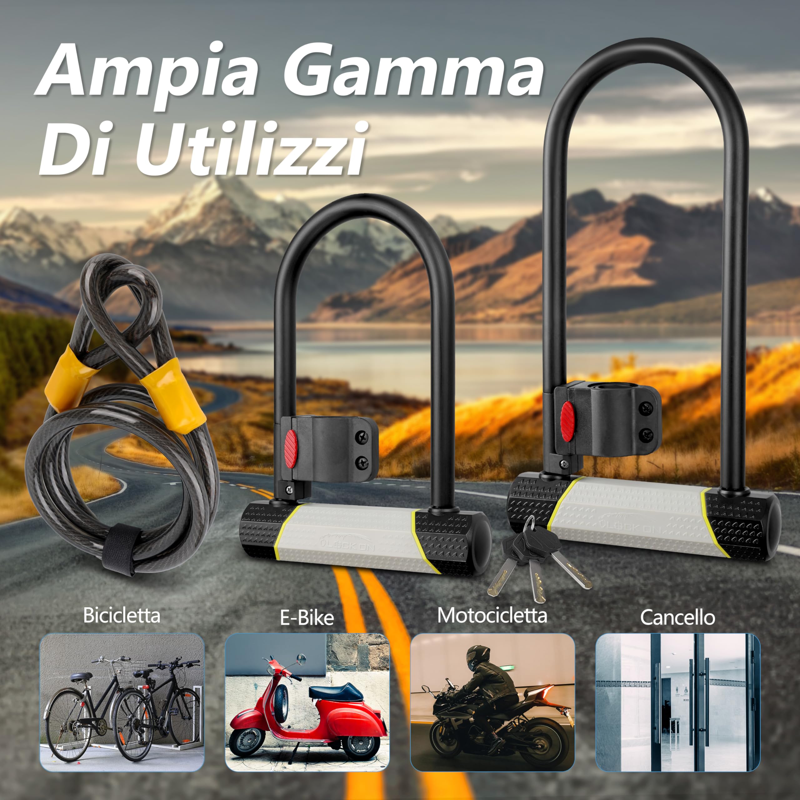 SUNYA Lucchetto per bicicletta, 14mm antifurto a U e cavo 12mm x 1,5m. Livello di sicurezza 7/10, offre un alto livello di protezione. 1 supporto di montaggio.