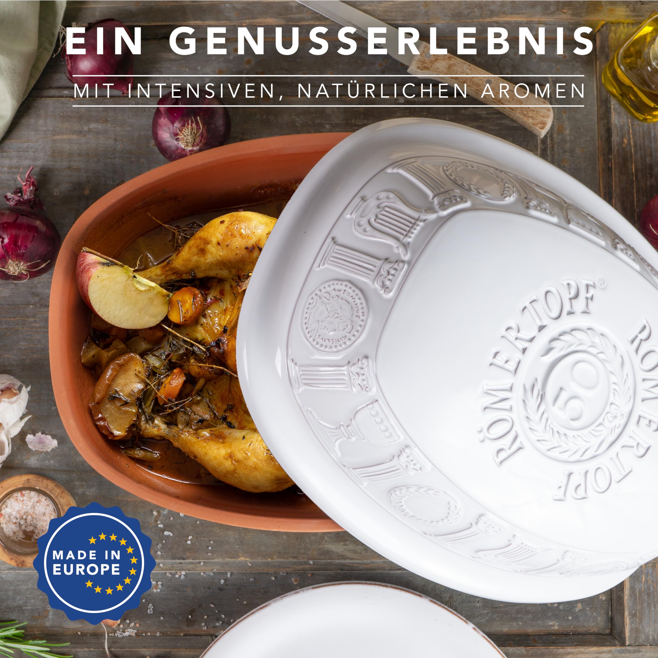 Römertopf Bräter 50 Jahre JUBILÄUM Weiß für 6-8 Personen - 5 Liter Schmortopf mit Deckel aus Keramik - Zum Schmoren, Braten und Dampfgaren - Backofengeeignet