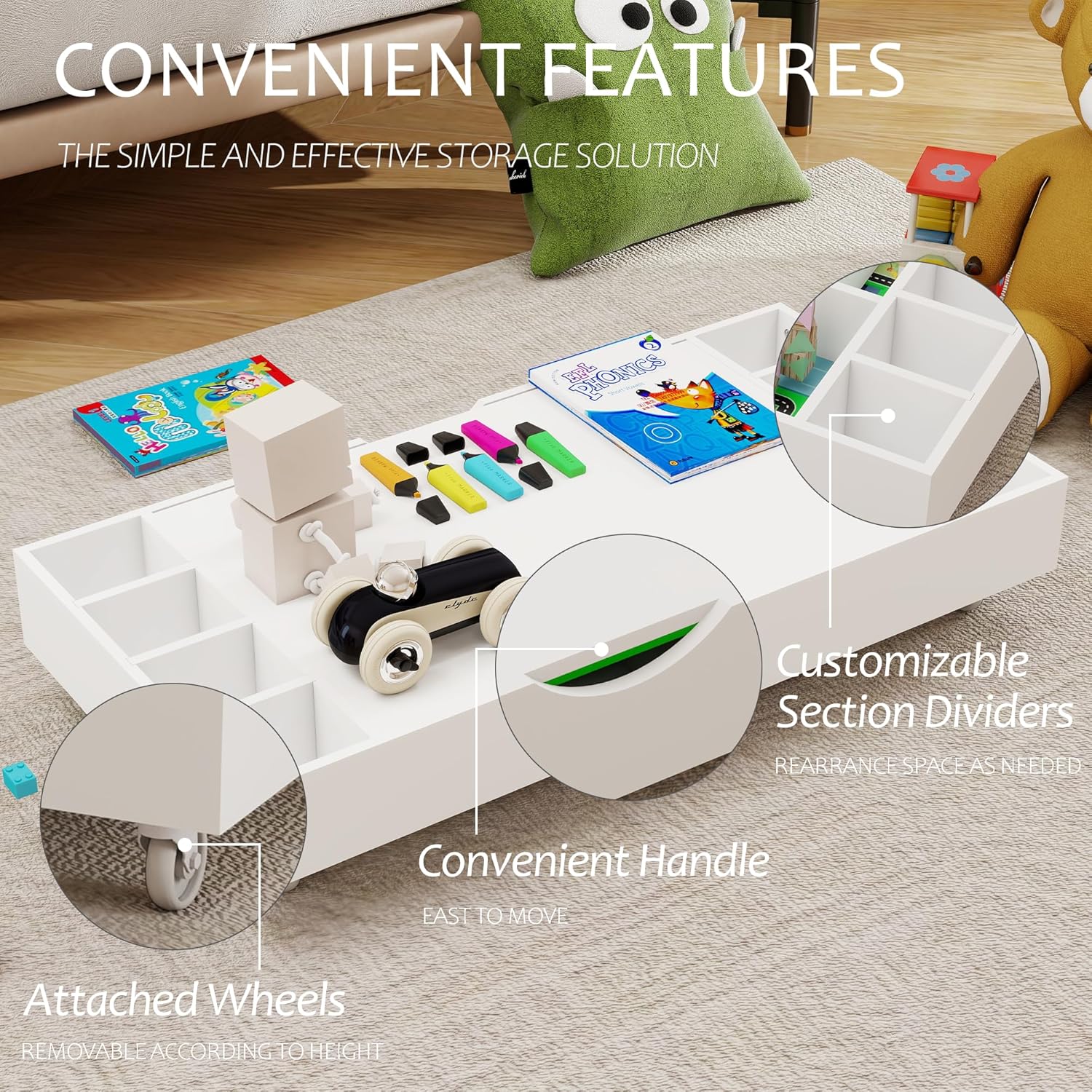 2 in 1 Construction Play Table Compatible with Lego, Kids Activity Table with Storage and Wheels Building Bricks Play Table for Toddlers & Adults, Suitable for Storing Under Bed Or Sofa