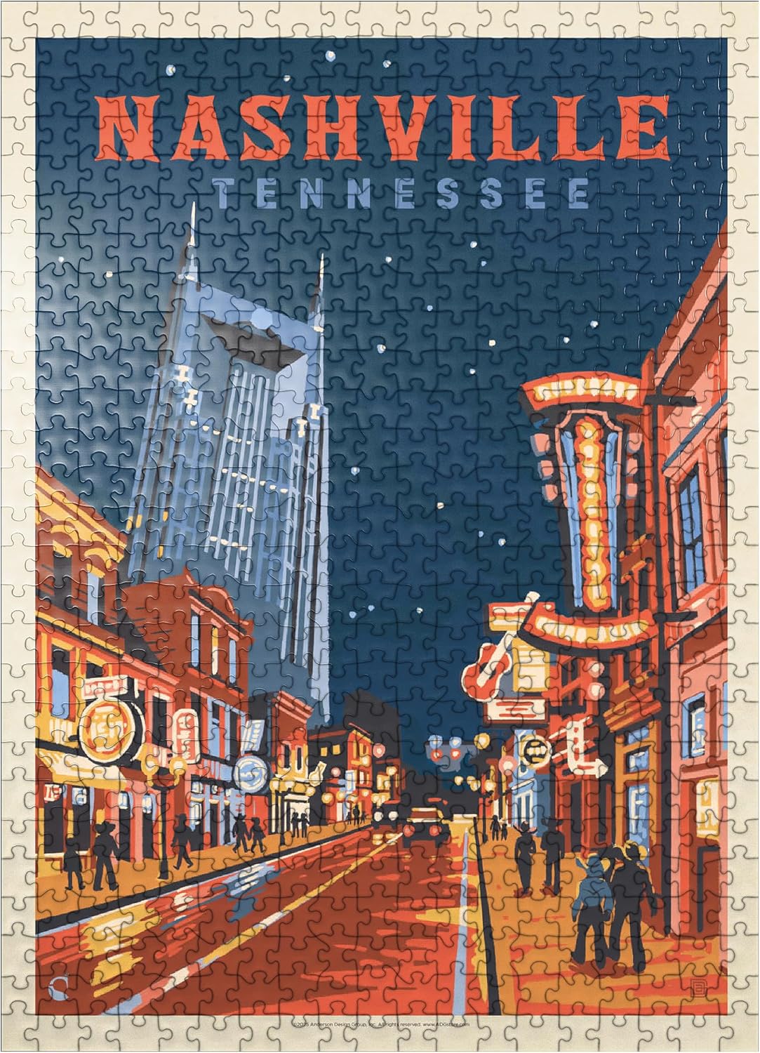MyPuzzle Nashville, TN: Broadway Lights, Vintage Poster - Premium 500 Piece Jigsaw Puzzle for Adults
