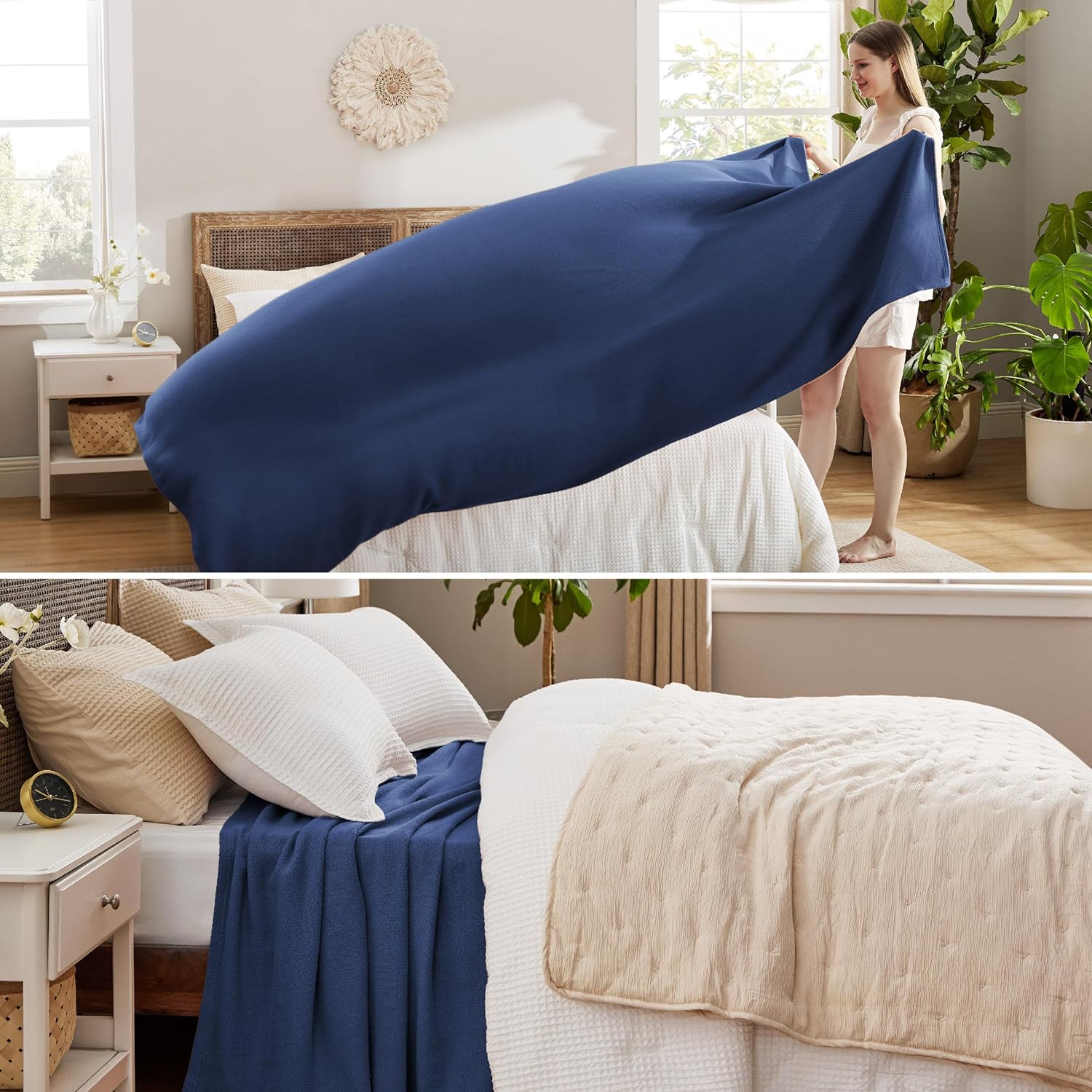 Bedsure GentleSoft 100% Cotton Blanket King Size for Bed - Breathable and Lightweight, Soft Cozy Textured Herringbone Woven Blanket for Summer, Navy Blue, 108x90 inches - Image 4