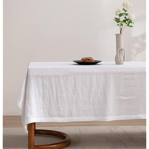 EVERLY Pure Linen Hemstitch Tablecloth,100% Stonewashed French Linen tablecloths for Kitchen Dining Rectangle Tables,60x120Inch Machine Washable Christmas Thanksgiving Organic Tablecloth-White