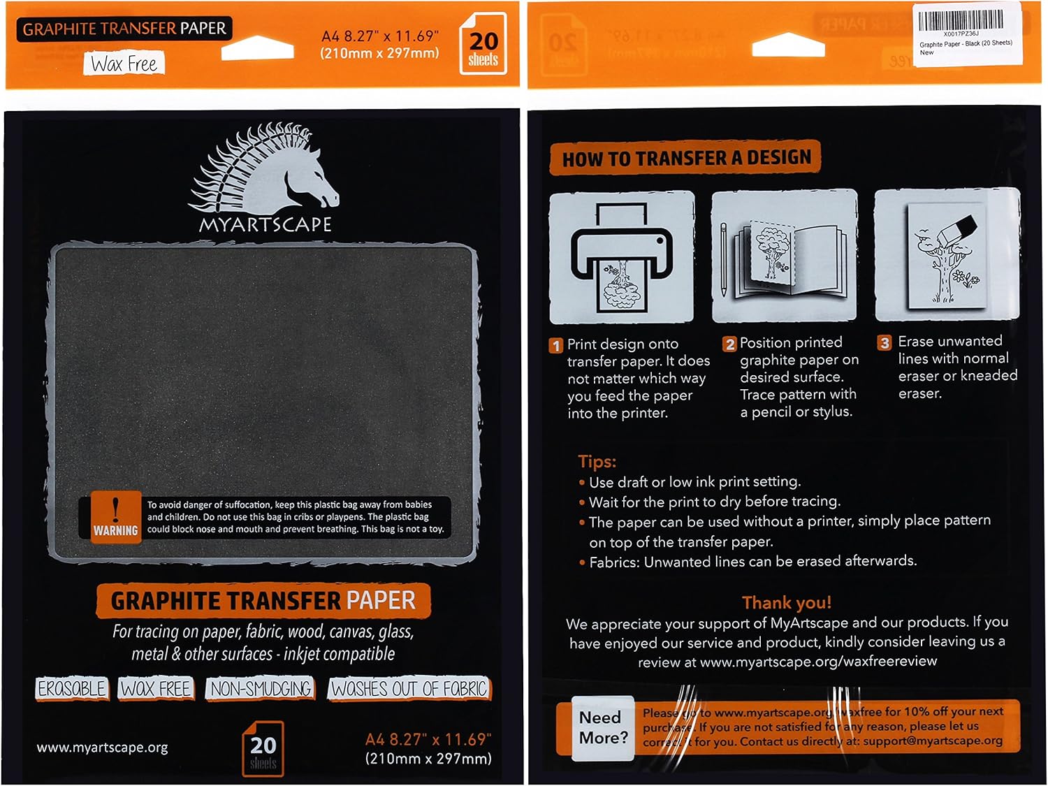 Graphite Transfer Paper, 20 Black Sheets - Wax Free - Erasable - Smudge-Free - Ideal for Drawing, Tracing and Watercolor Transfer - Premium Arts and Crafts Supplies by MyArtscape