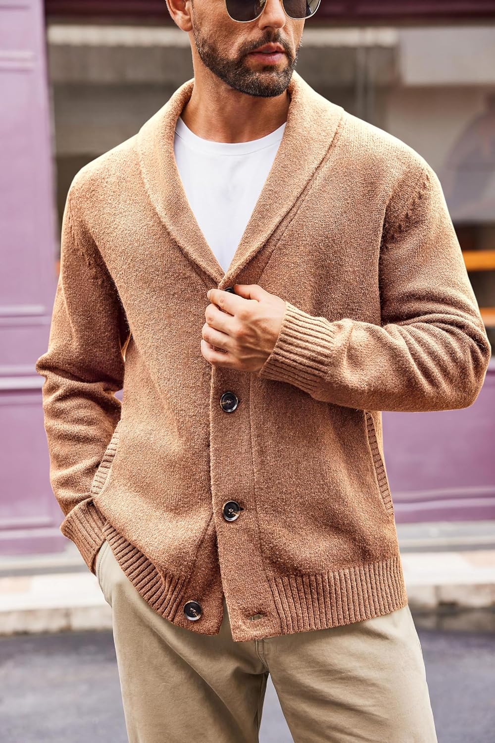 Runcati Mens Shawl Collar Cardigan Sweater Casual Button Down Winter Ribbed Chunky Knitted Sweaters - Image 3