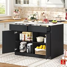 DynJest Kitchen Island with Storage, 47.2" Large Faux Marble Countertop