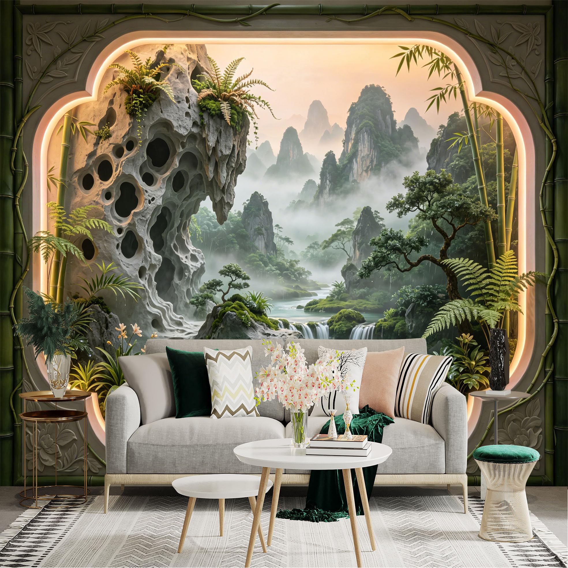 Custom Size Wall Sticker Mural， Chinese Landscape with Waterfalls， Bamboo and Mountains， for wall Decoration， peelandstick wall Decals.