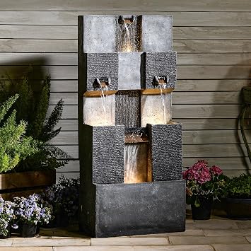 Bumilgar 48" Large Outdoor Water Fountains and Waterfalls, 3-Tiers Modern Cement-Textured Feature Fountain with Light and Pump for the Garden, Patio, Deck, Porch, Backyard Home Decor, Stone Gray