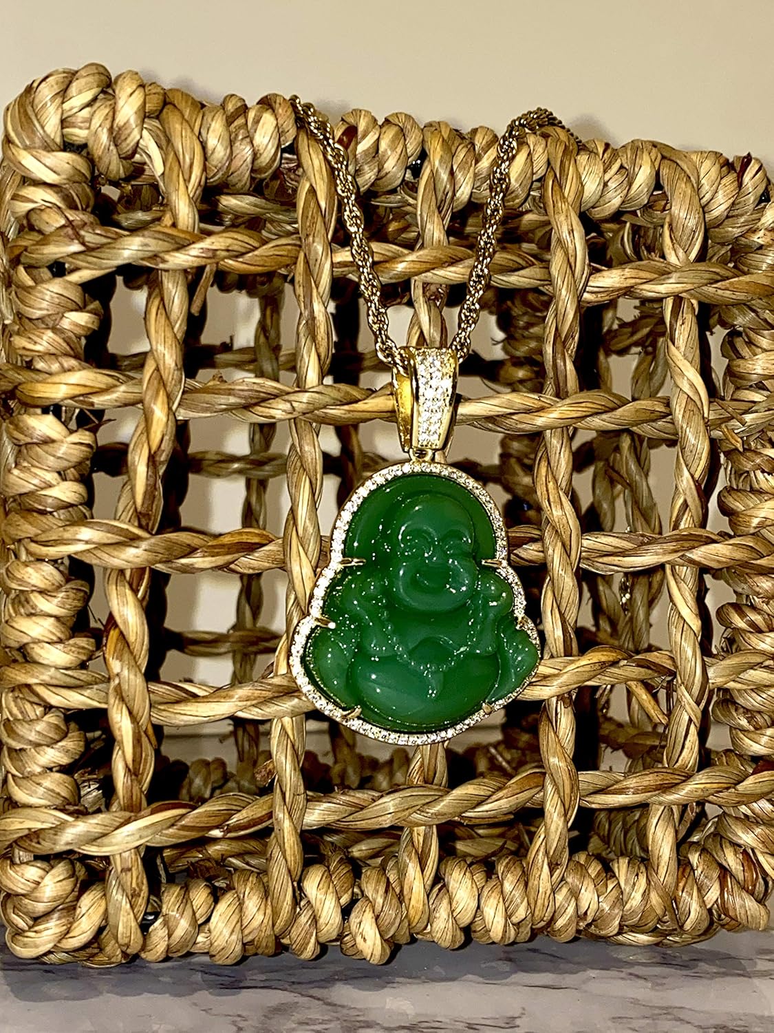 Iced Laughing Buddha Green Jade Pendant Necklace Rope Chain Genuine Certified Grade A Jadeite Jade Hand Crafted, Jade Necklace, 14k Gold Filled Laughing Jade Buddha Necklace, Jade Medallion, Fast Prime Shipping