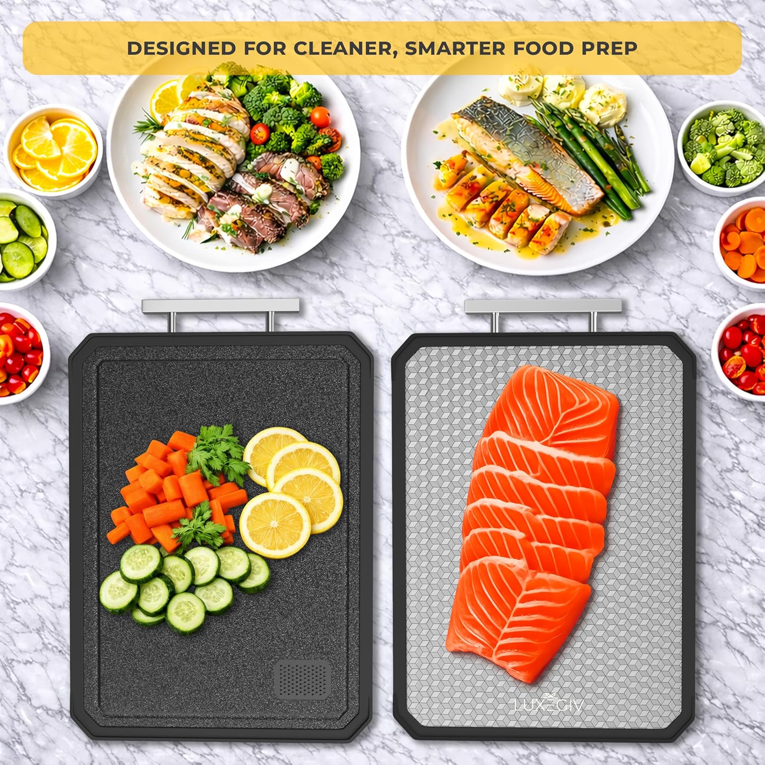 Stainless Steel Double Sided Chopping Board with Wheat Straw PP - Gift-Ready Packaging - All-Purpose Large Stainless Cutting Board - Hygienic Non-Porous 304 Stainless Steel Surface - Mesh - Image 7