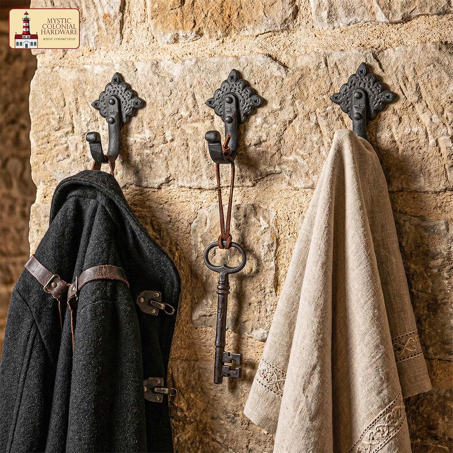 Mystic Colonial Rustic Cast Iron Wall Hooks Heavy Duty Vintage Utility Hooks for Hanging Coats, Towels, Bags, Robes, Hats & More Decorative Wall Mount Hooks, Pack of 10