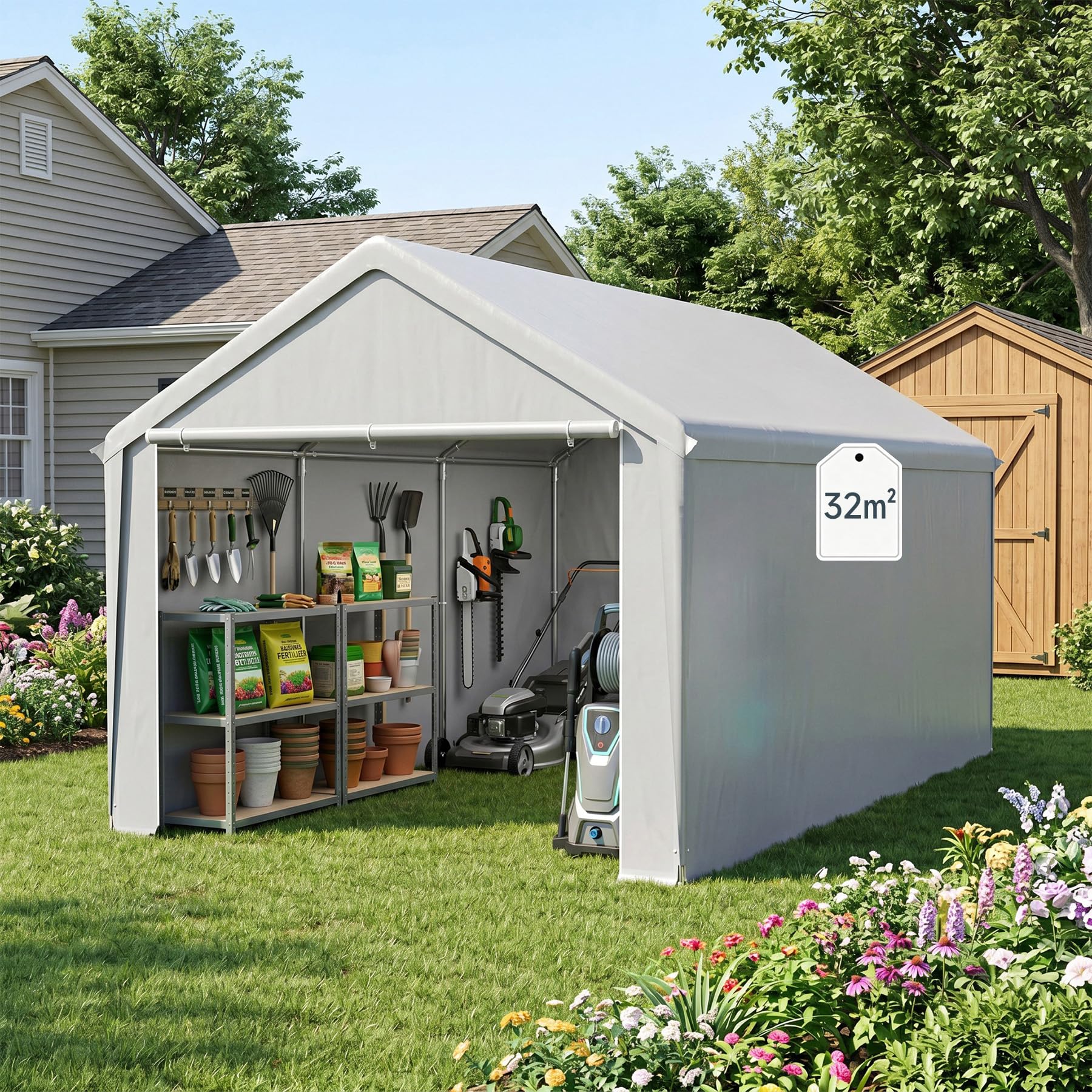 Lagerzelt Carport 4x8 m in Grau Gerätezelt wasserdicht Gartenhaus Stahlrahmen verzinkt Garten Aufbewahrung Zelt Unterstand für Auto Motorrad Lager Garten