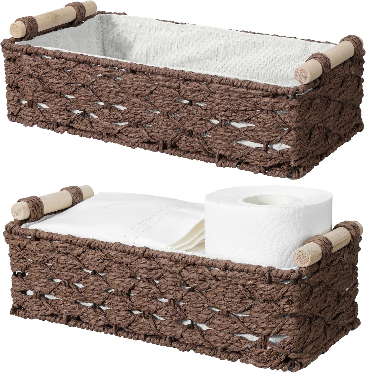 Navaris Natural Paper Rope Storage Basket Set with Wooden Handles - Large & Small Versatile Baskets for Organisation & Hampers - Wicker Storage for Shelves, Bathroom or Laundry