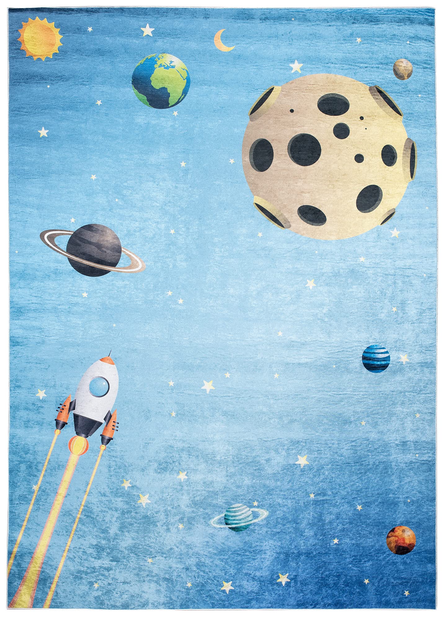 TAPISO Emma Teppich Waschbar bei 30 Grad Rakete Weltraum Planeten bedruckter Kinderteppich Antirutsch Kinderzimmer Jugendzimmer Modern ÖKO-TEX 140 x 200 cm