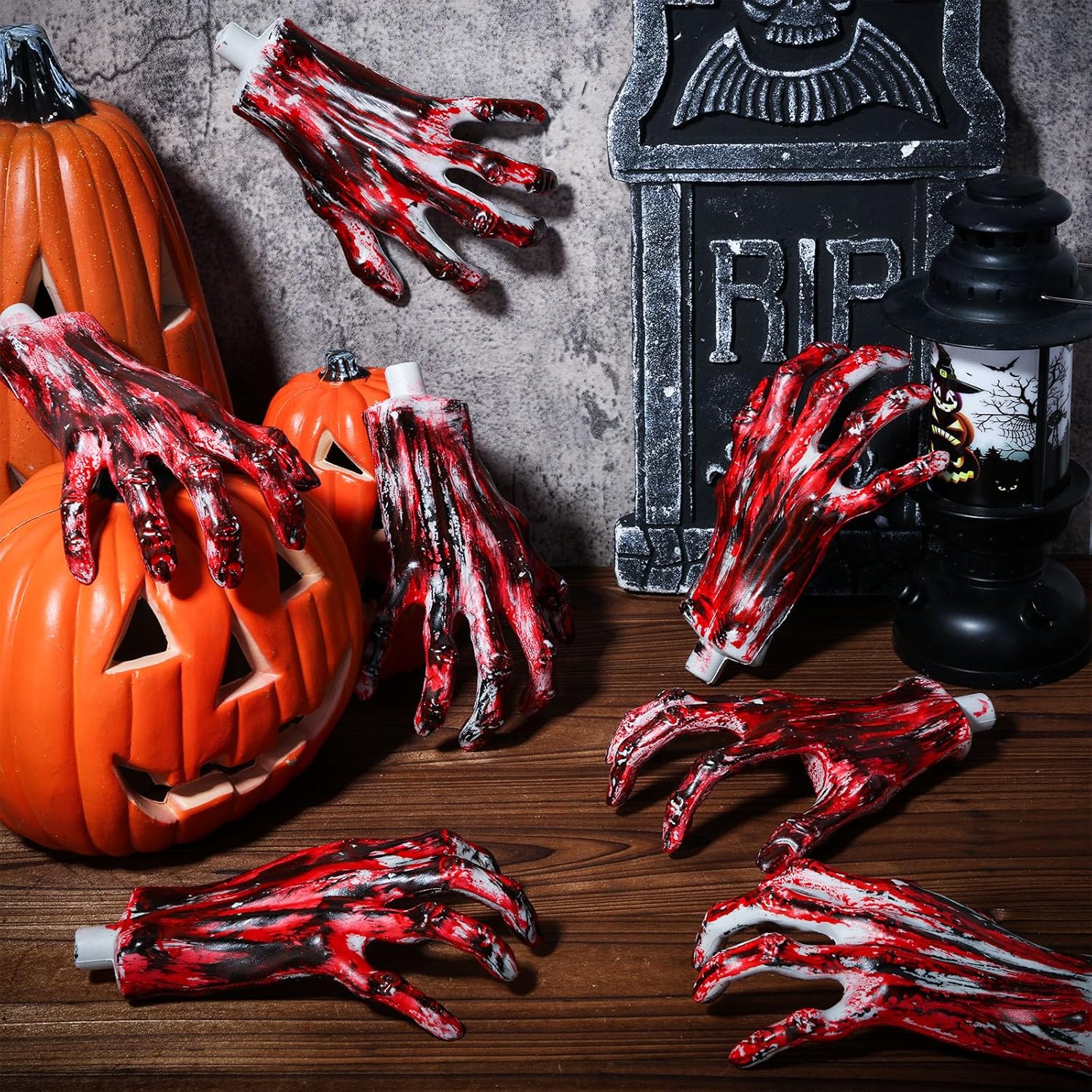 Sratte 5 Pairs Halloween Skeleton Hands Realistic Plastic Fake Hands for Halloween Props Decoration DIY Color Life Size Skeleton(Red)