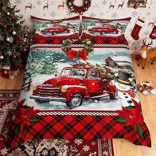 Homewish Christmas Truck Bedding Set King Size Kids Girls Boys Red Plaid Decor Pine Tree Duvet Cover Set 3pcs Winter Snow View Comforter Cover Happy New Year Gifts Quilt Cover with 2 Pillowcases