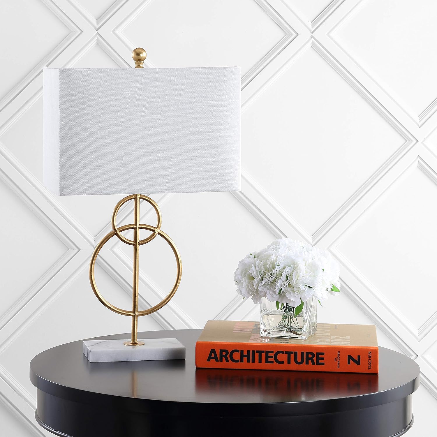JONATHAN Y 26" Gold Leaf and White Marble Modern Circle LED Table Lamp, Glam Transitional Metal Desk Lamp for Living Room, White Linen Shade, LED Bulb Included JYL1096A