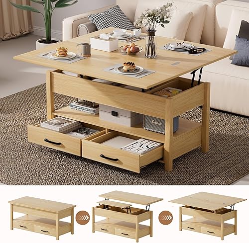 Miniatura 10 de Mesa de centro con tapa elevable de 39.4 pulgadas con estación de carga, mesa central con diseño de mármol brillante con compartimento de Blanco