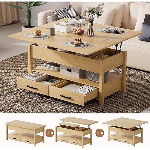 SYESWAY 42'' Lift Top Coffee Table, 4-in-1 Multifunctional Lift Coffee Table with Storage & Hidden Compartments, Farmhouse Coffe Table with Lifting top for Living Room, Dining Reception Room, Wood