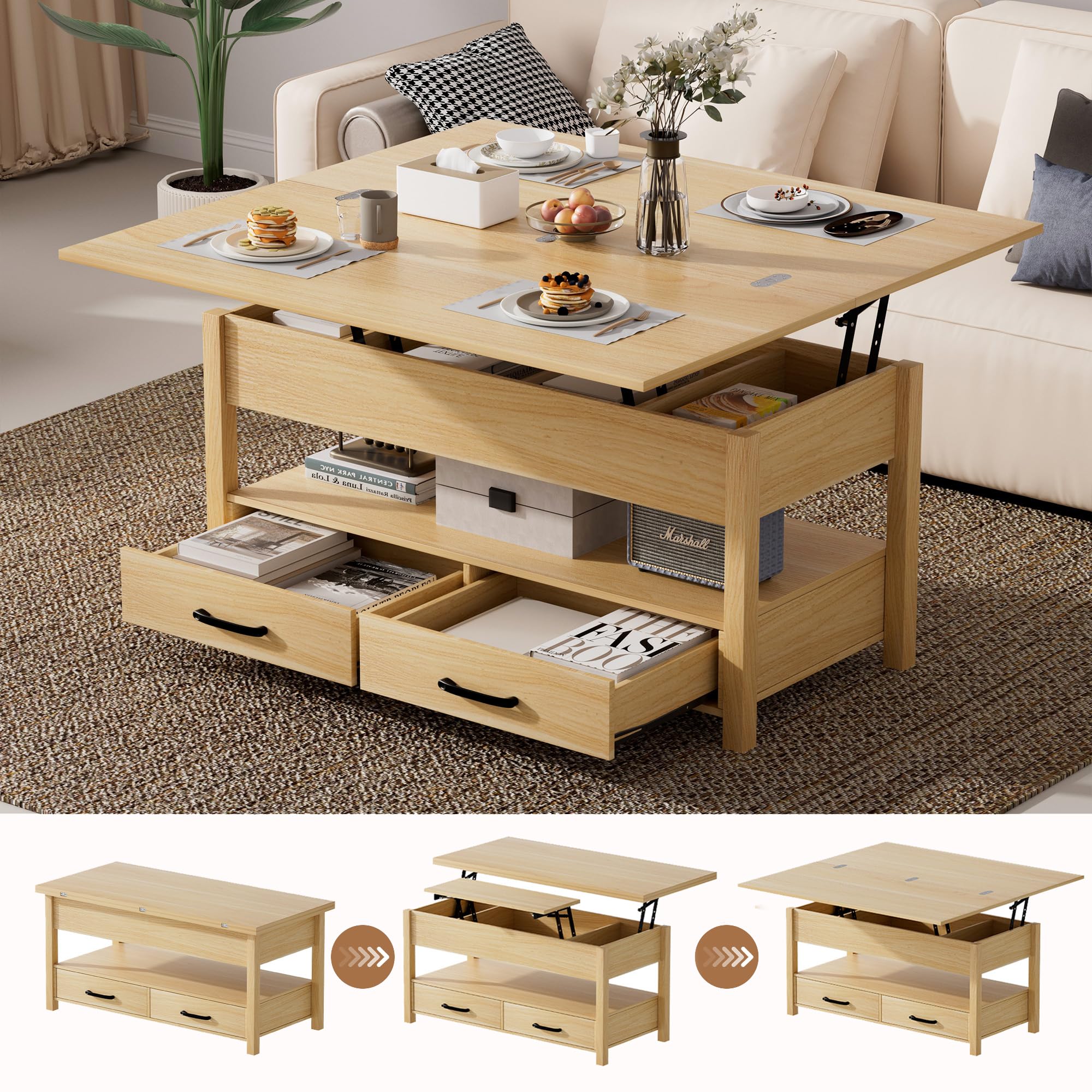 SYESWAY 42'' Lift Top Coffee Table, 4-in-1 Multifunctional Lift Coffee Table with Storage & Hidden Compartments, Farmhouse Coffe Table with Lifting
