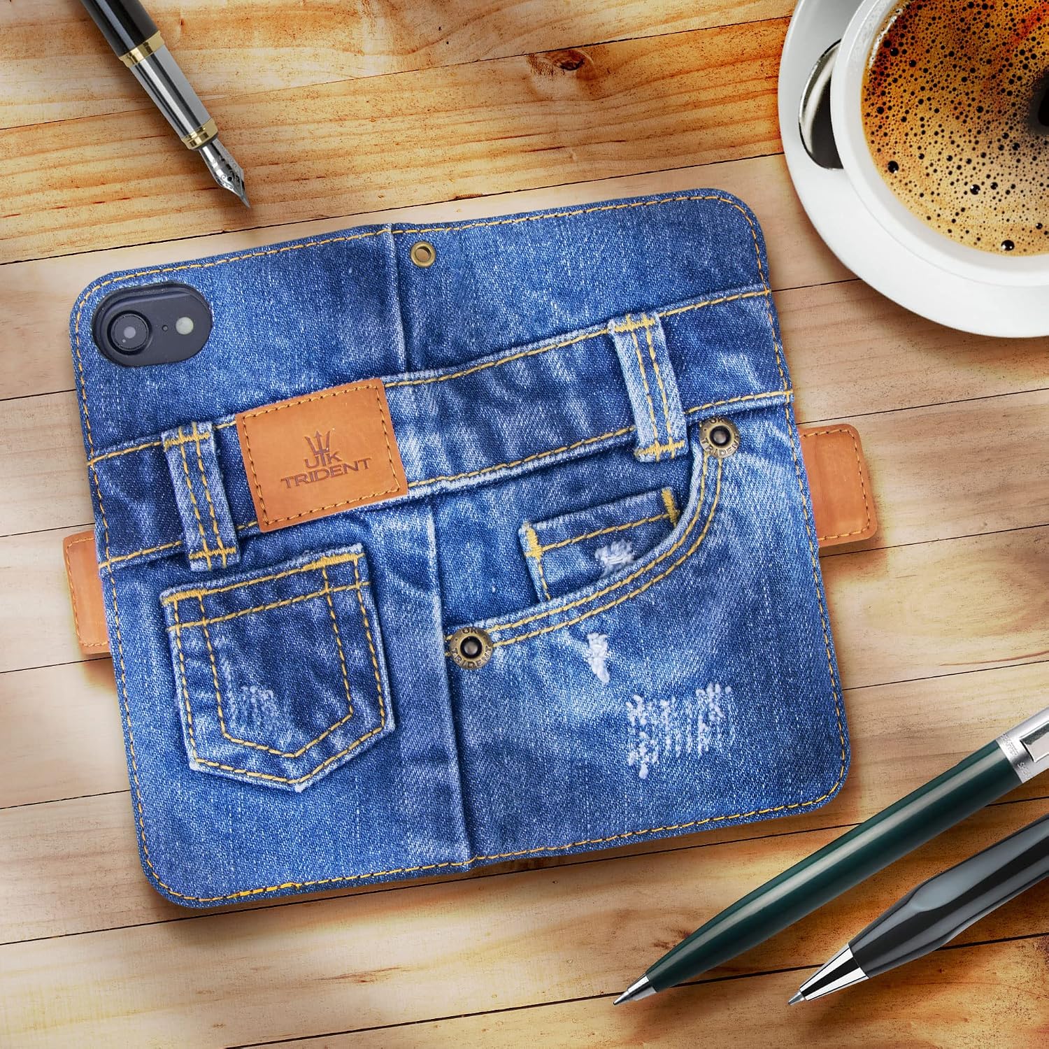 UK Trident Denim iPhone 7/8 / SE Wallet Case with Card Holder, Handmade from 11oz Jeans Denim with Credit Card Pockets and Stand Function, Japanese Denim Brand