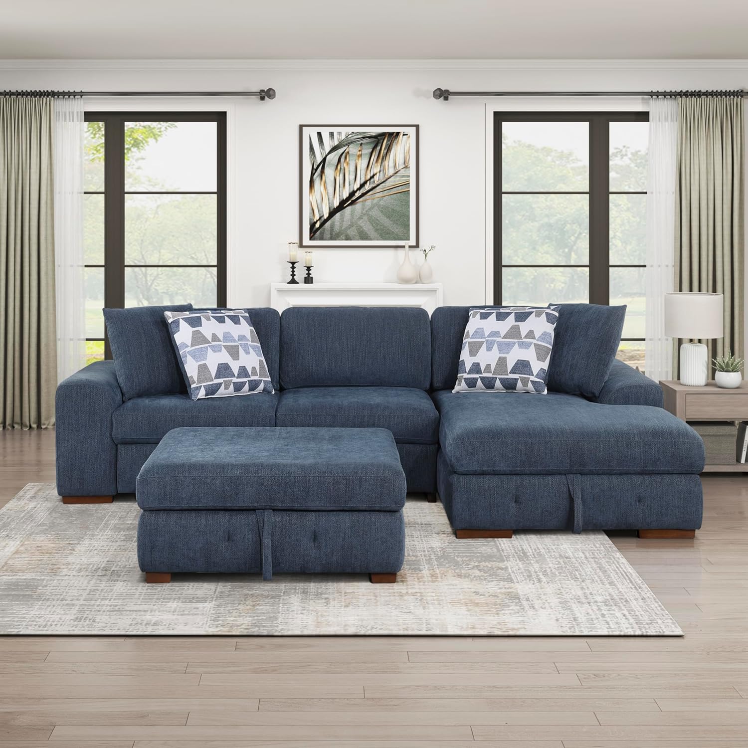 Lexicon Sectional Couches for Living Room, Chenille Fabric Sleeper Sofa, L Shape Sectional Couch with Right Storage Chaise and Pull Out Sofa Bed, 3 Seater with Ottoman, Blue
