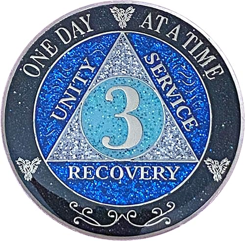 Miniatura 8 de (años 1-50) Medallón de purpurina plateado de recuperación AA de 47 años, arcoíris negro, azul, moneda de purpurina plateada, cubierta de epoxi