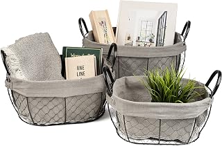 Sorbus Wire Storage Baskets Set Decorative with Removable Fabric Liner, Open Home Décor Farmhouse Metal Storage Bins & Baskets for Organizing Shelves, Living Room, Bathroom, Kitchen (Oval - Gray)