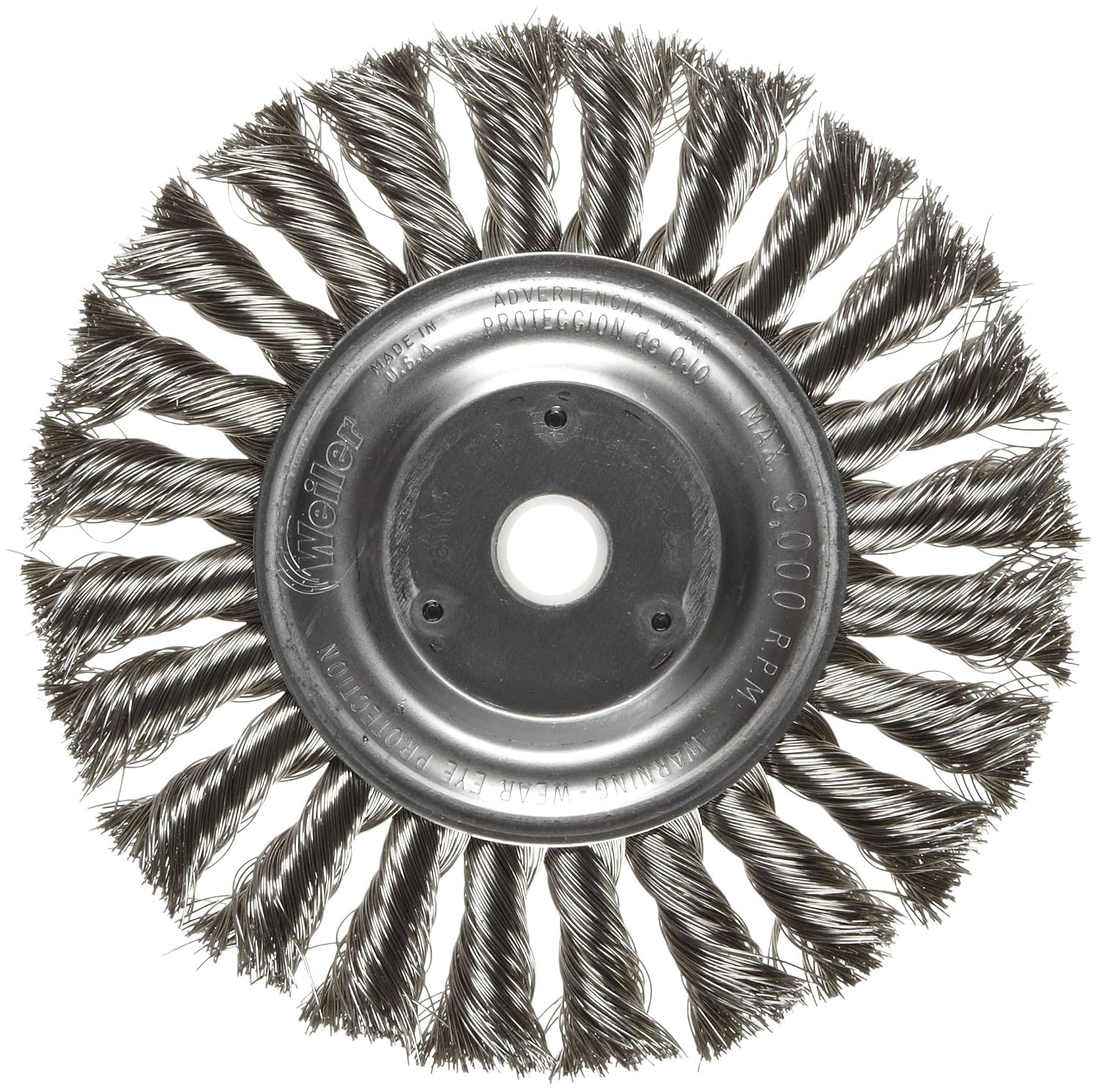 Weiler 08345 6" Standard Twist Knot Wire Wheel, .016" Stainless Steel Fill, 5/8"-1/2" Arbor Hole, Made in the USA