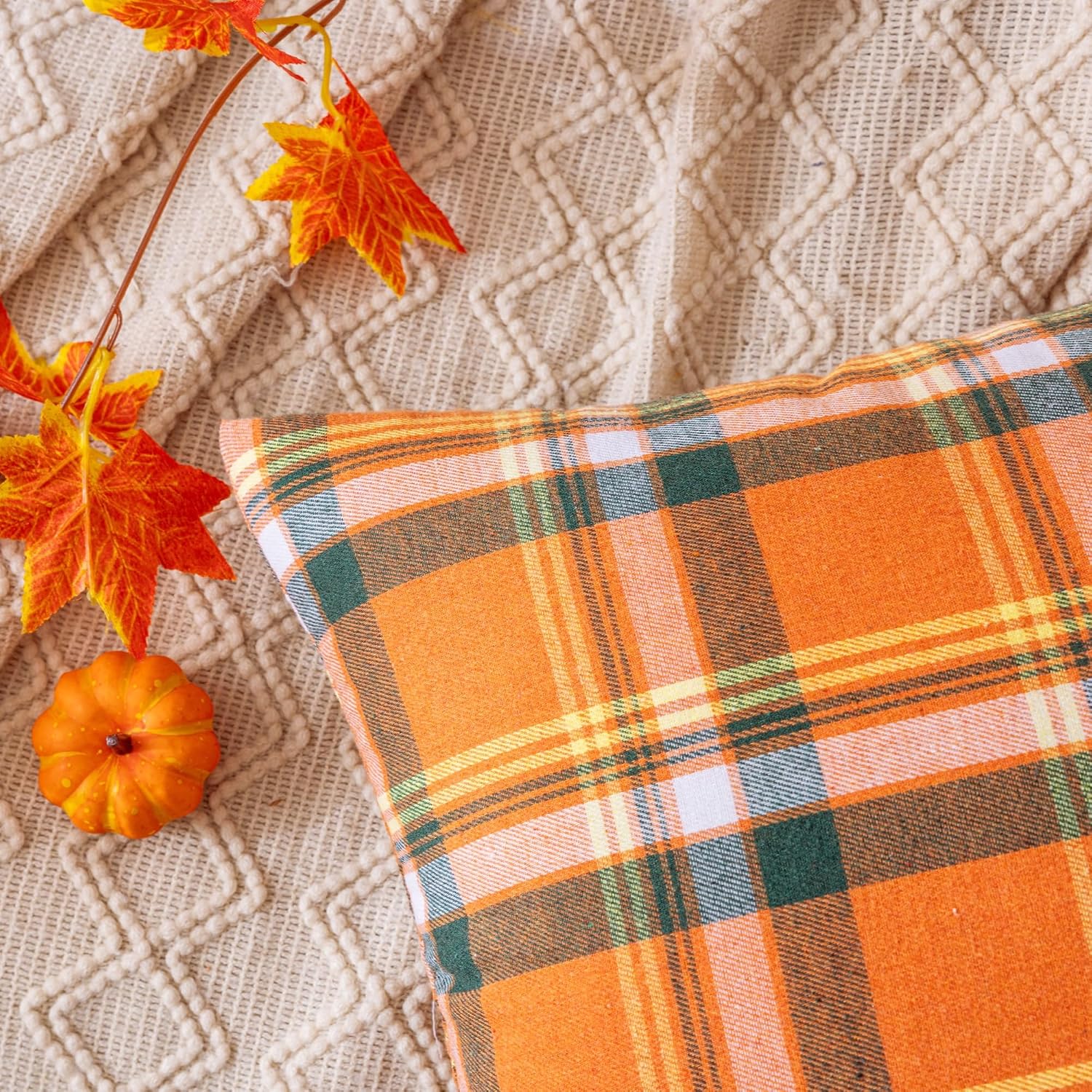AQOTHES Fall Plaid Orange Green Throw Pillow Covers 20x20 Inch Set of 2 image 3