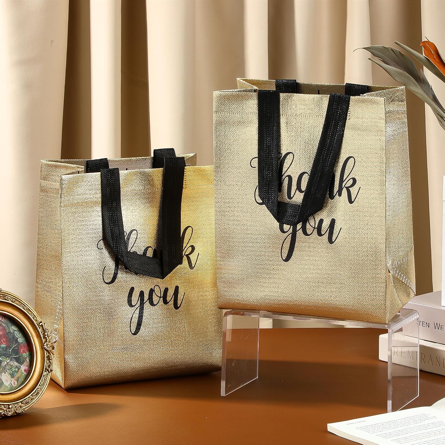 50 Pcs Glossy Gold Thank You Gift Bag with Handles, 8 x 4 x 10 Inch Reusable Thank You Return Gift Bags, Non Woven Foldable Goodie Handbag, for Birthday Wedding Party Bridal Shower Thanksgiving - Image 6