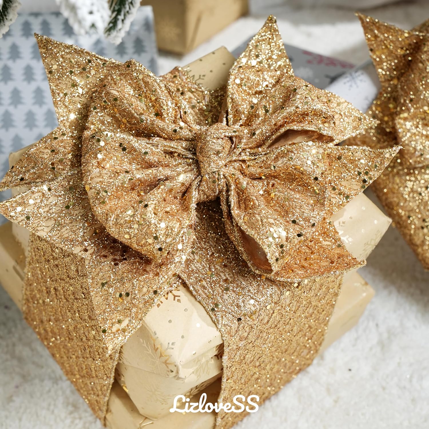 Gold Christmas Ribbon 4" Glitter Mesh Wired Ribbon for Christmas Tree Gold Diamond Honeycomb Ribbon for Gift Wrapping, Crafts, Wreath Supplies, Garland, Tree Topper Bows - 10 Yards