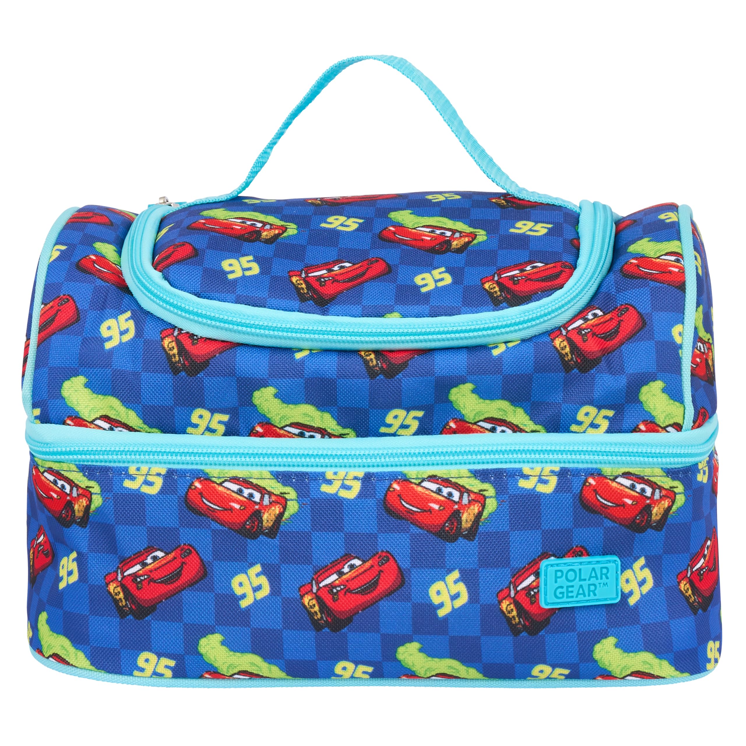 Disney Cars Lunch Bag with 2 Compartments, Blue and Red, Lightening McQueen Pattern, 600D Polyester, Insulated,Ideal for School & Work, with Name Tag & Carry Handle โ image 1