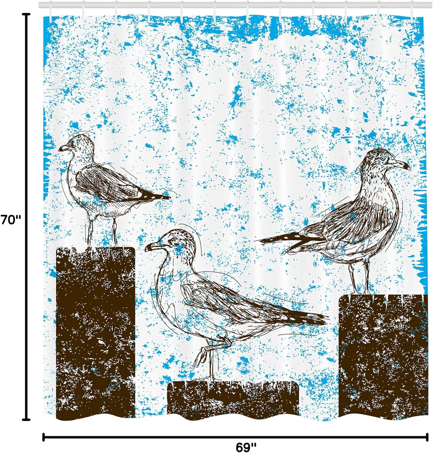 Ambesonne Seagulls Shower Curtain, Gulls Resting on Wooden Pillars Grungy Sketched Print with Abstract Backdrop, Cloth Fabric Bathroom Decor Set with Hooks, 69" W x 70" L, White Brown