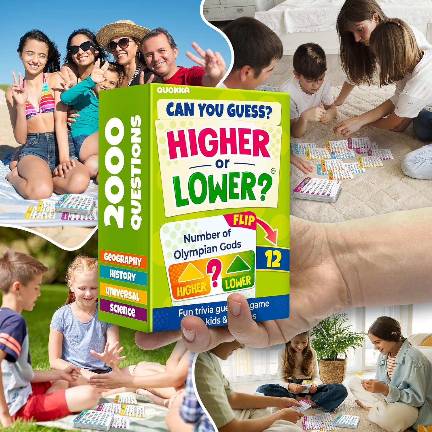 QUOKKA Trivia Board Games for Kids and Adults – 4xSET Family Board Games for Game Night – Higher or Lower Trivia Cards for Kids 8-12 - Challenge History, Science, Geography & More for Families & Teens