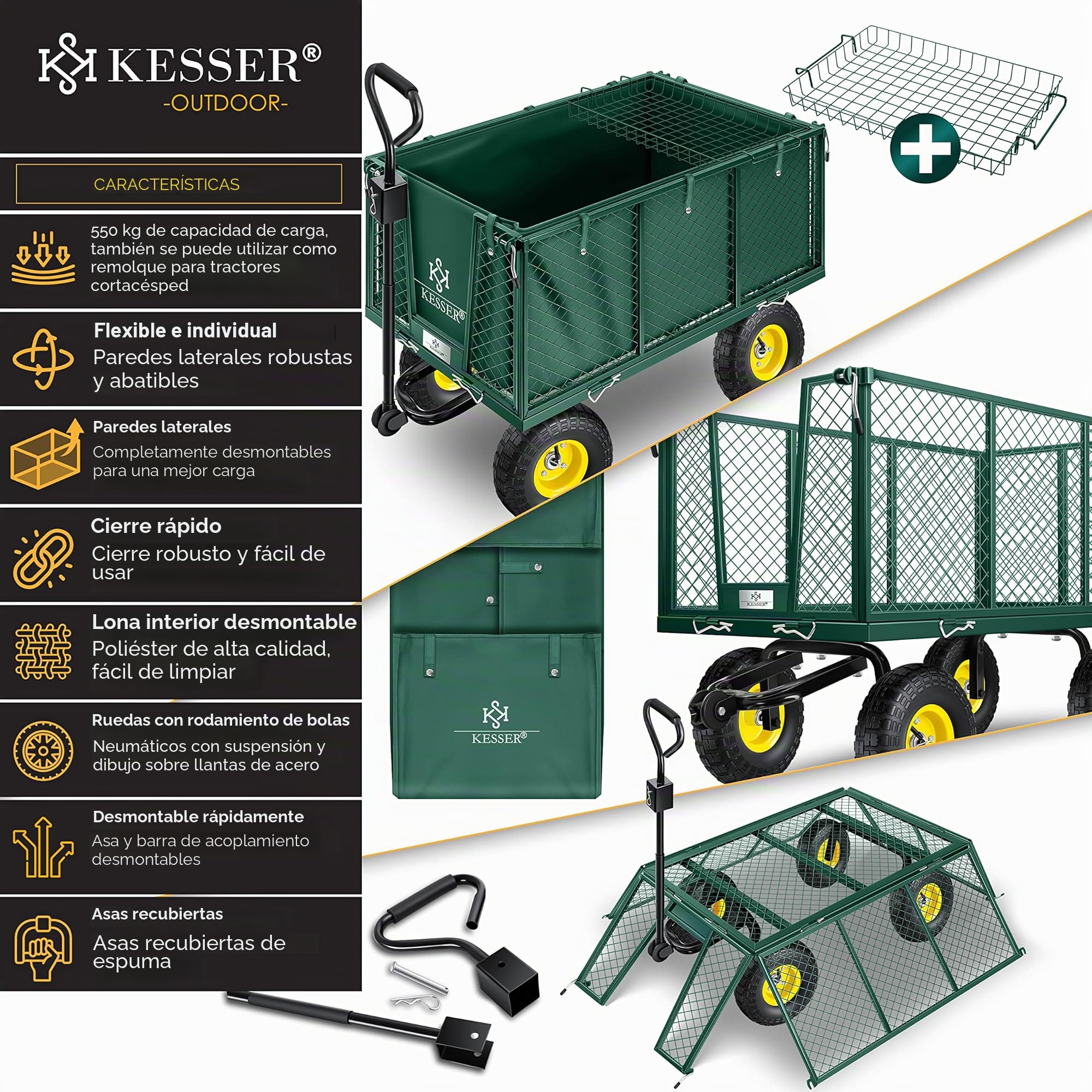 KESSER® 550 kg Carro de Mano, Carro de jardín, Carro de Transporte, Lona Desmontable, Carro de Equipamiento, Versátil, Incluye Guantes, Verde