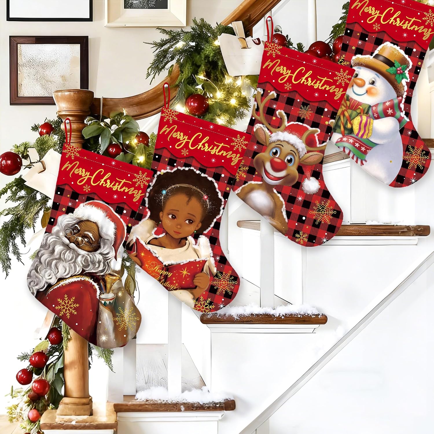 Christmas Stockings 18 Inch 4 Pcs Black Santa Xmas Home Decor