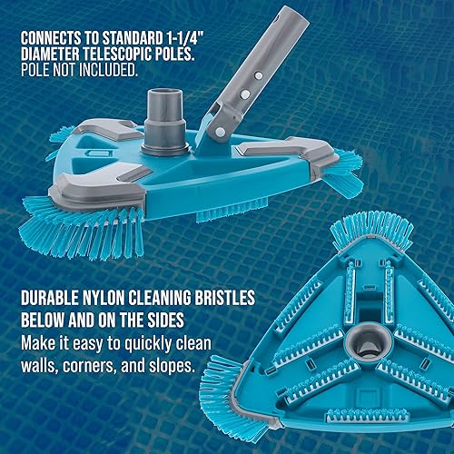 Miniatura 4 de U.S. Pool Supply Cabezal de aspiradora triangular con peso de lujo para piscina con cepillos laterales, conexión giratoria, mango EZ Clip - Para