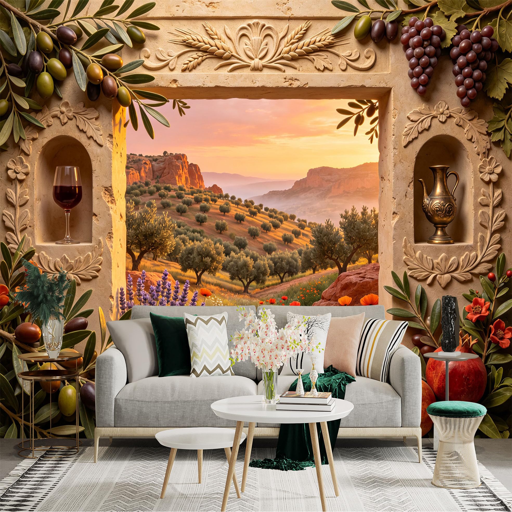 Custom Size Wall Sticker Mural， Mediterranean Vineyard Sunset， Olive Trees and Rustic Landscape， for wall Decoration， peelandstick wall Decals.
