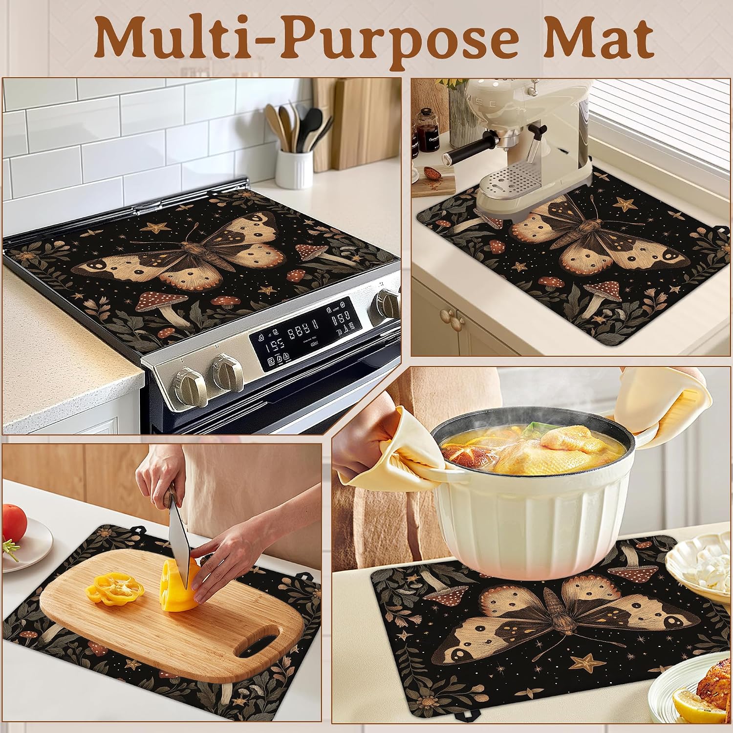 Retro Moth Electric Stove Top Protector Cover,Mushroom Botanical Thick Rubber Dish Drying Mat for Glass Stove Heat Resistant Kitchen Flat Electric Stove Top Covers 28.5×20.5in