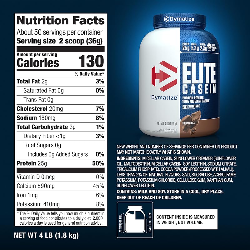 Dymatize Elite Casein 25g Protein Powder, Rich Chocolate, 50 Servings | Slow-Absorbing Micellar Casein, 5.3g BCAAs, 2.3g Leucine, Muscle-Building Amino Acids, Gluten-Free, 4 lb image 6