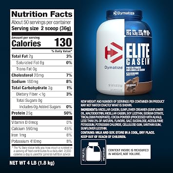 Dymatize Elite Casein Protein Powder, Chocolate, 100% Micellar Casein, 25g Protein, 5.4g BCAAs, 2.3g Leucine, Slow Absorbing for Overnight Muscle Recovery, 4 lb (50 Servings)
