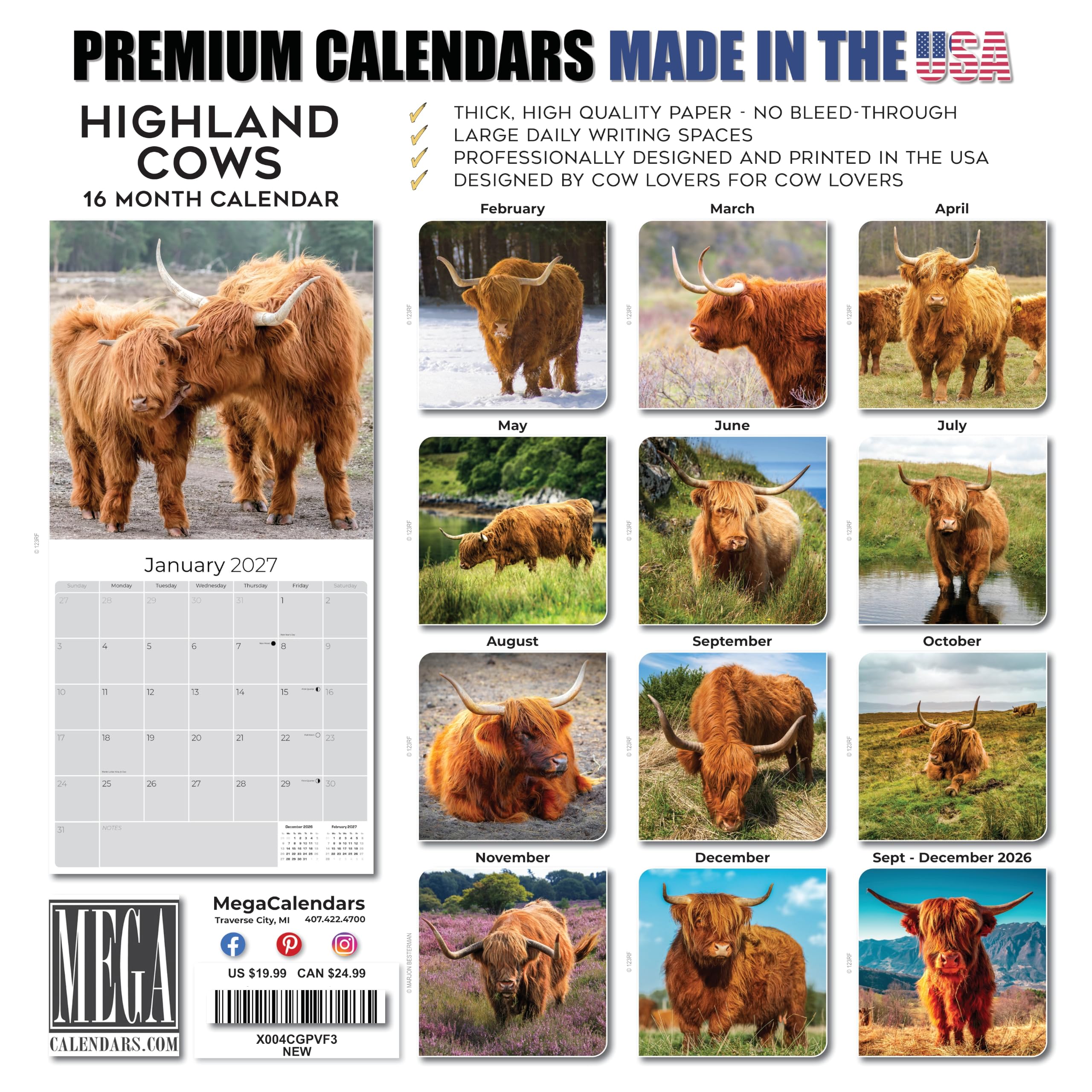 Monats-Wandkalender 2024 2025 Hochlandkühe – Wildtierkalender – 30,5 x 61 cm offen – dickes Papier ohne Blutung – Geschenk – akademischer Lehrerplaner Kalender Organisations- und Planungskalender