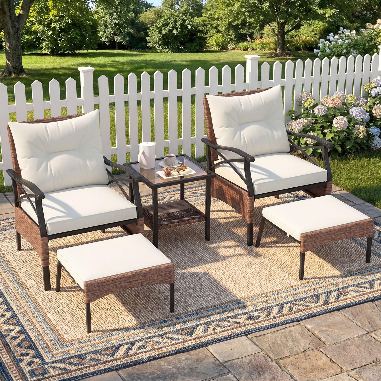 COSTWAY Rattan Gartenmöbel Set, 5-teiliges Balkonmöbel, Balkonset inkl. 2 Stühle mit Kissen, Hocker & Tisch, Terrassenmöbel, Gartengarnitur, Sitzgruppe für Garten, Balkon, Terrasse (Braun + Beige)