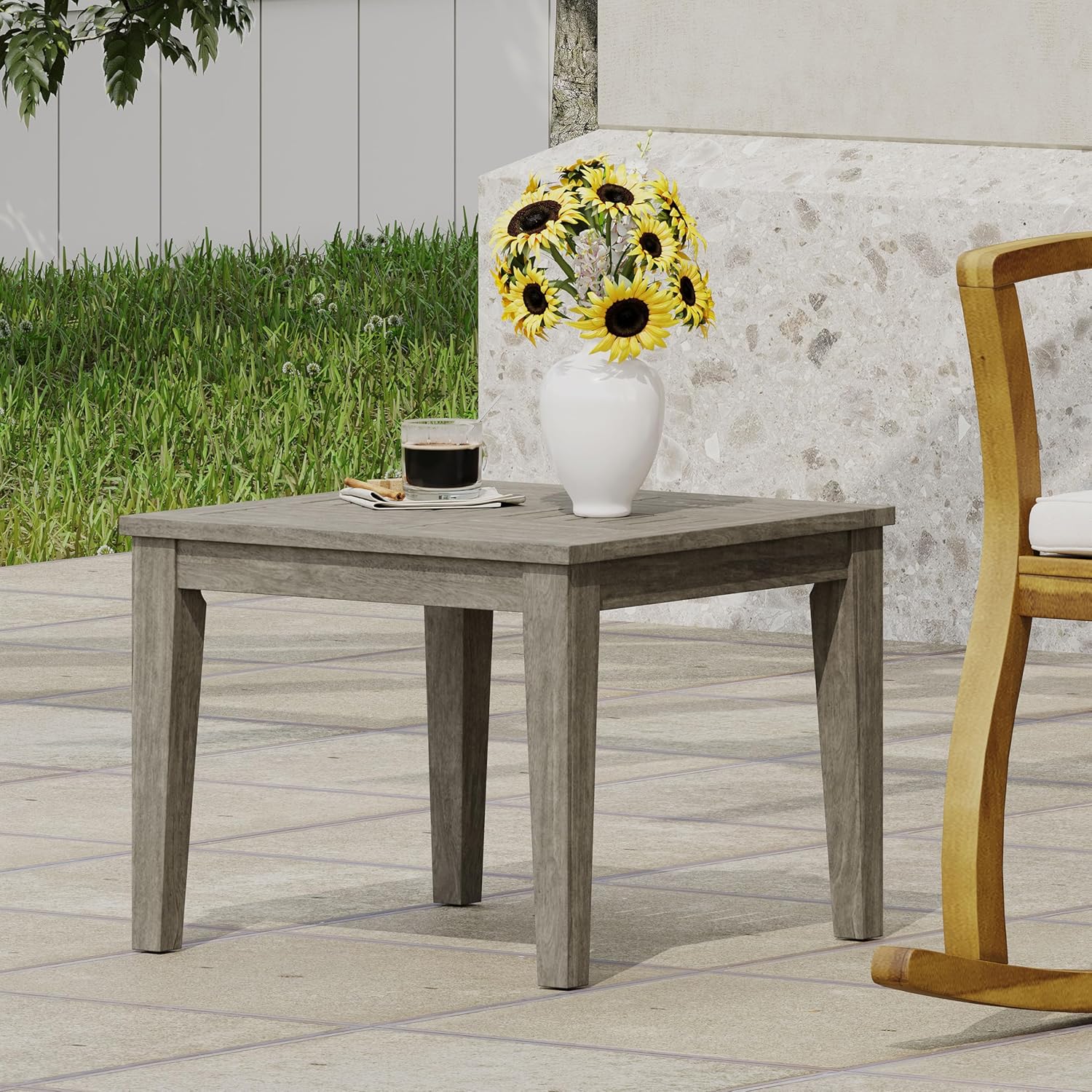 BLUECC Outdoor Coffee Table, Grey Acacia Wood Patio End Table 20"x 20"x 15.75"