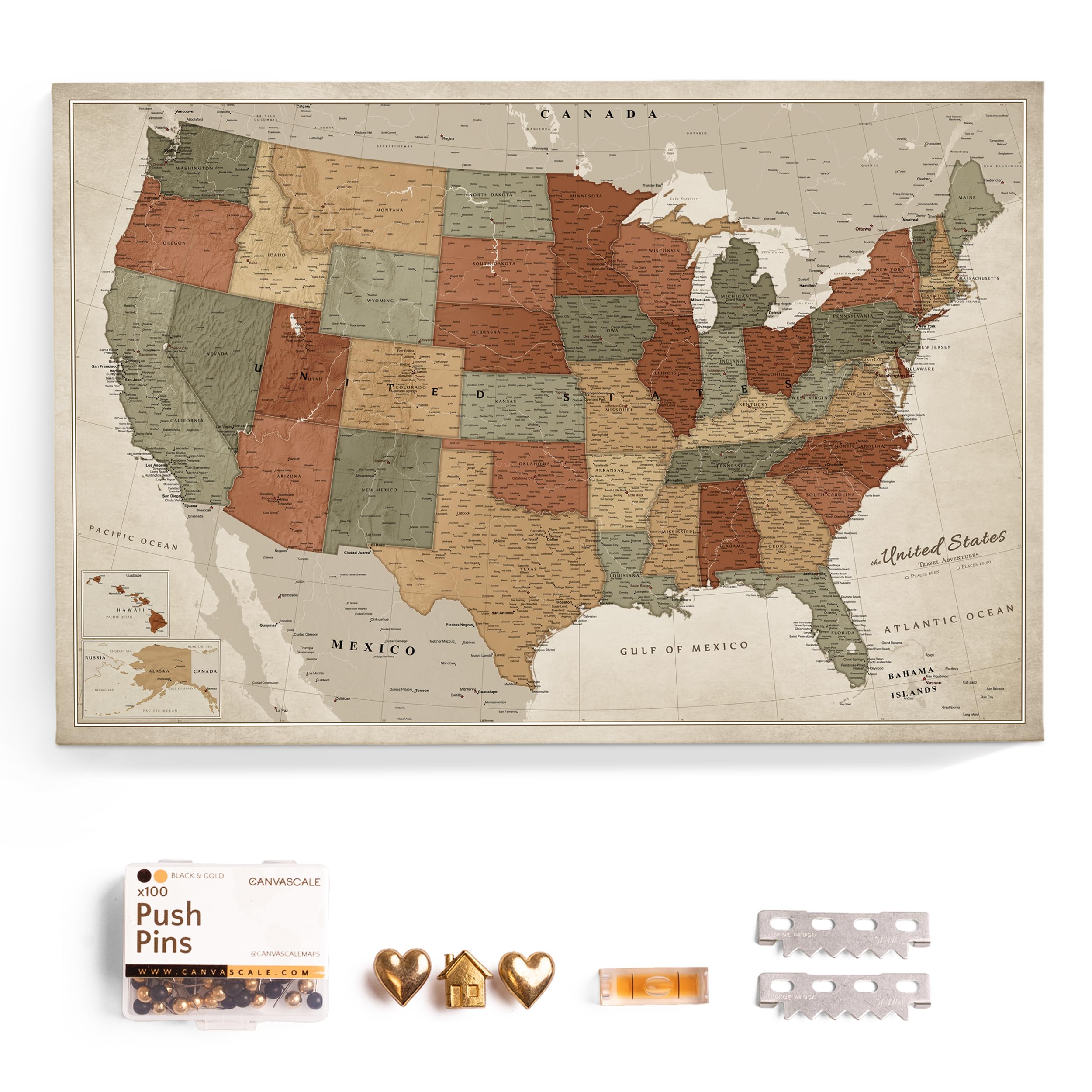 USA Map Canvas Wall Art with Cork Pin Board – Decorative Push Pin Travel Map for Home, Office, Living Room, Bedroom (120x80cm - Pattern 02)