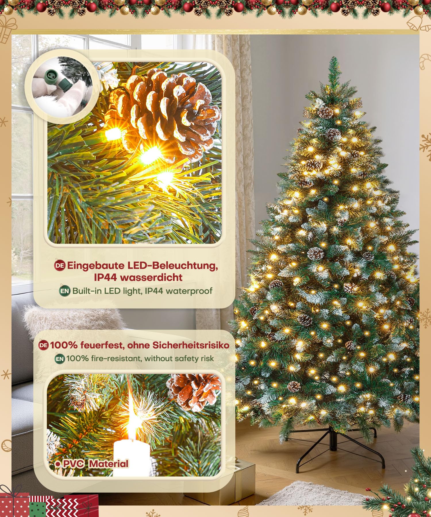 Yorbay Árbol de Navidad Artificial con Luces Led de Color Blanco cálido y Blanco Nevado Grande (150 cm 240LED)